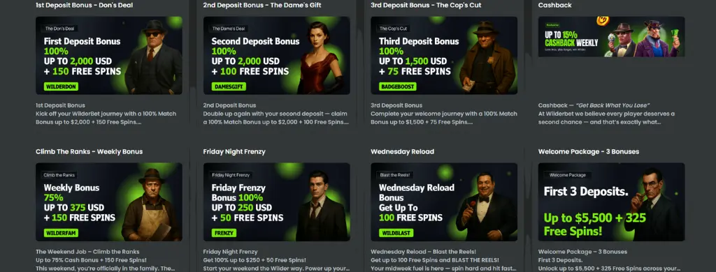 The WilderBet homepage features various promotions, such as deposit bonuses, free spins, cashback, and reload bonuses, all offering exciting rewards for players.